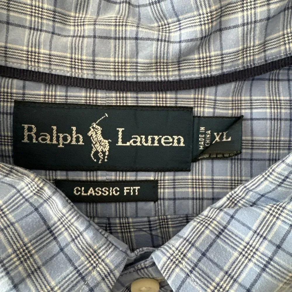 Ralph Lauren Shirt Men XXL BLUE Plaid Cotton Button Down EUC Classic ~ Fast Ship